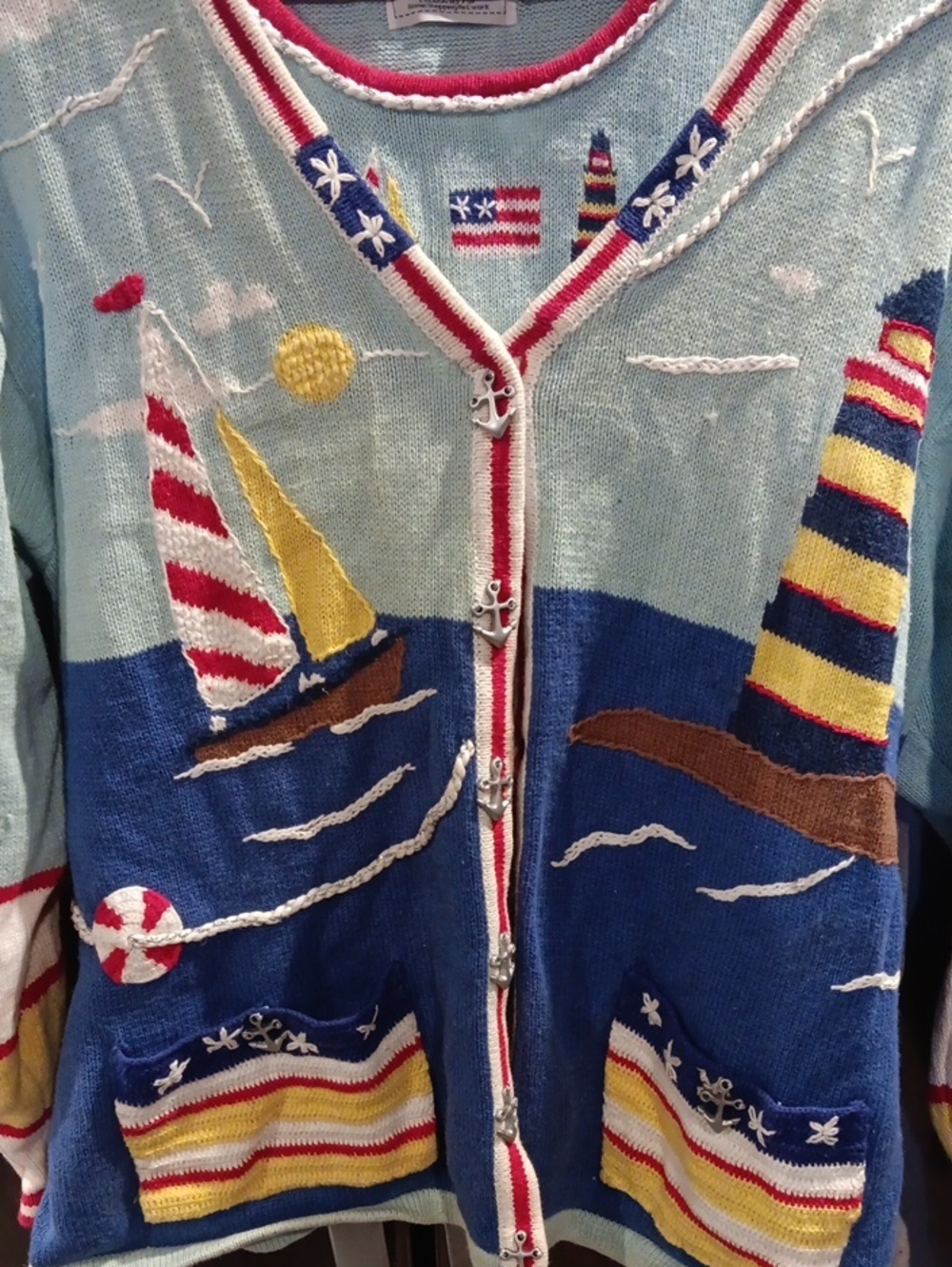 Embroidered Nautical Cardigan with Sailboat & Lighthouse — Light Blue & Navy